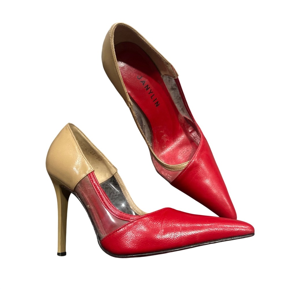 Janylin Red Tan Colorblock PVC Pointed Toe Stiletto Pumps Heels Size 35